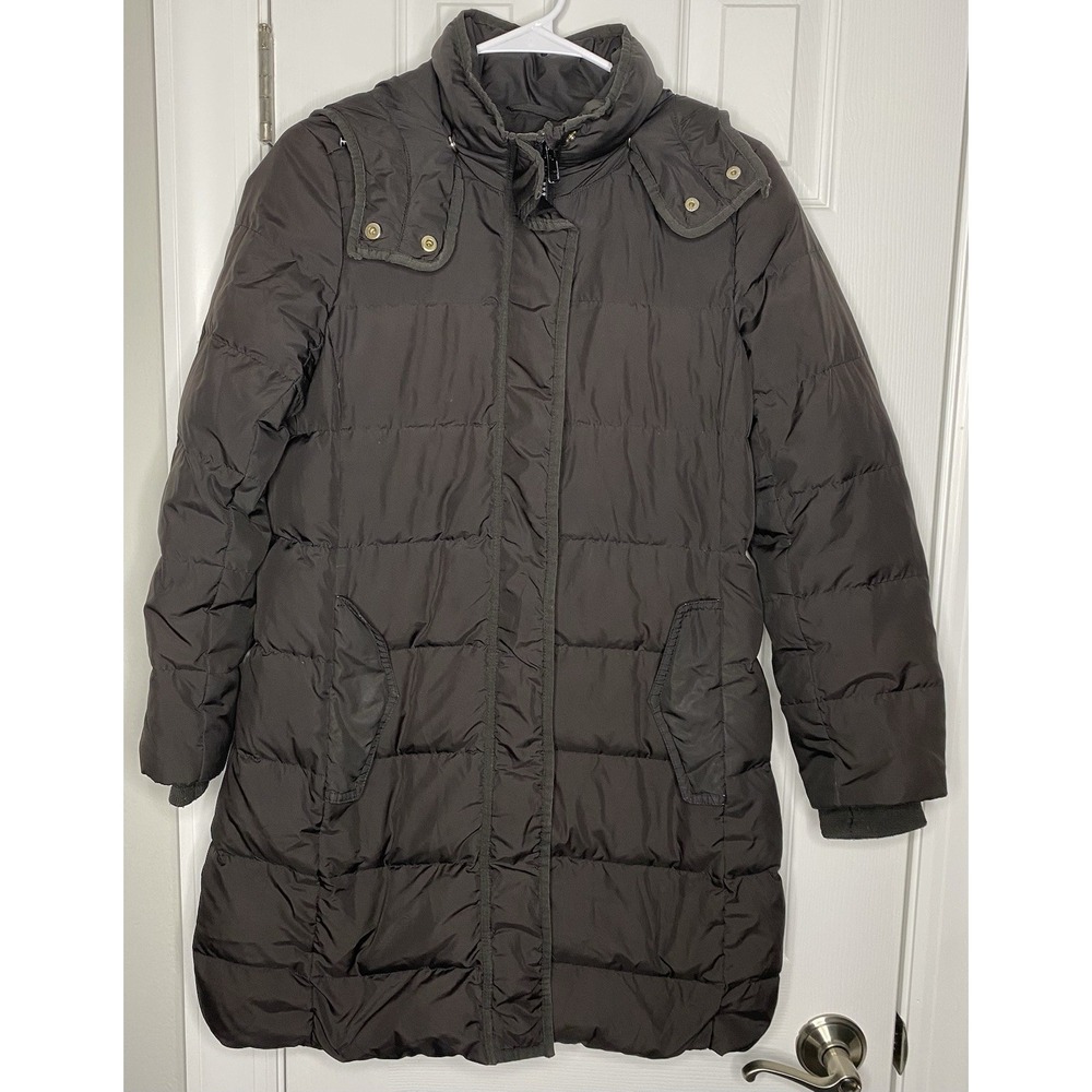 J Crew Women's Hooded Mid Length Down Jacket Brown Size Small Petite No Belt *